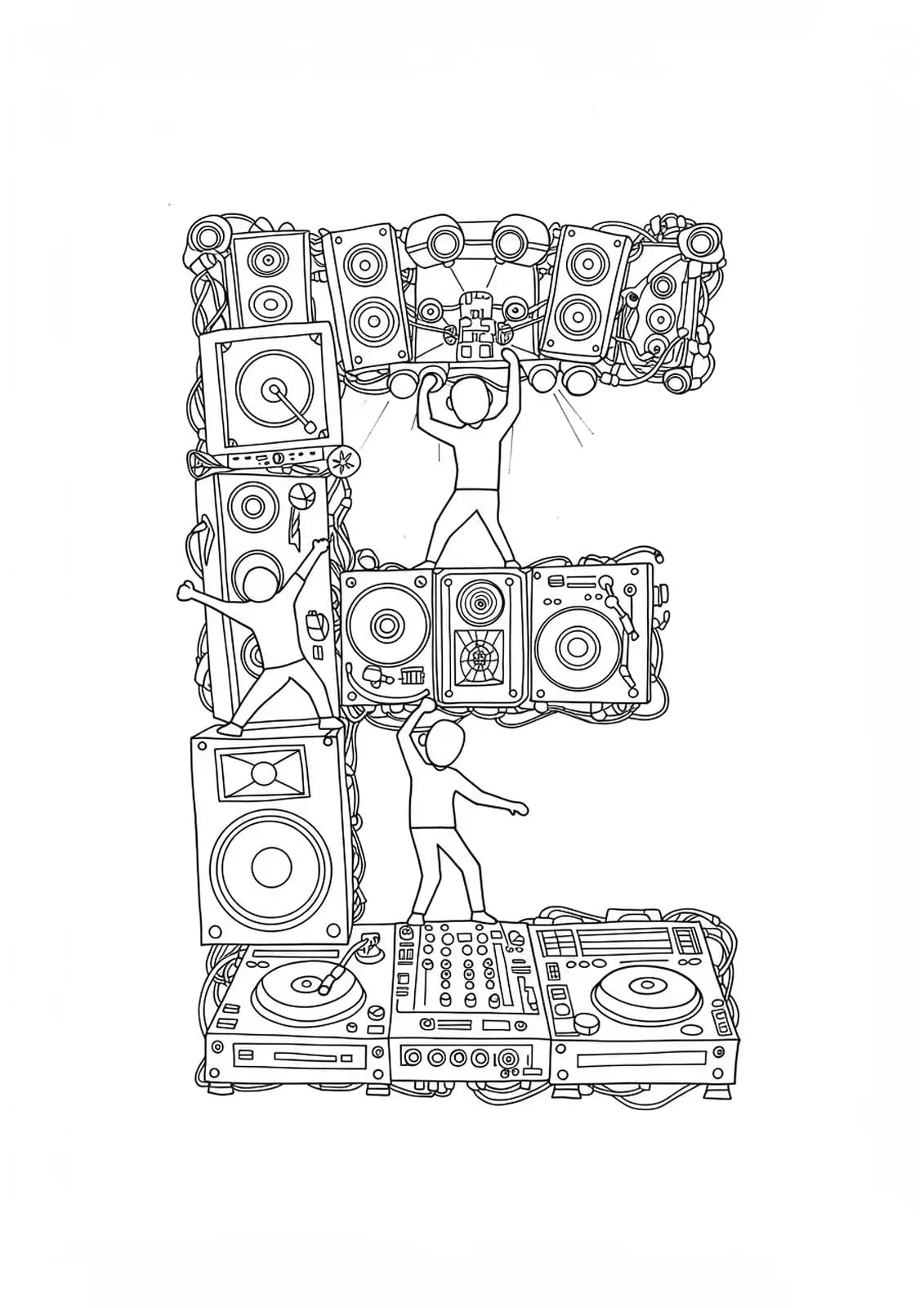 Printable coloring page of the letter E integrated with electronic music festival elements, medium detail for teens.