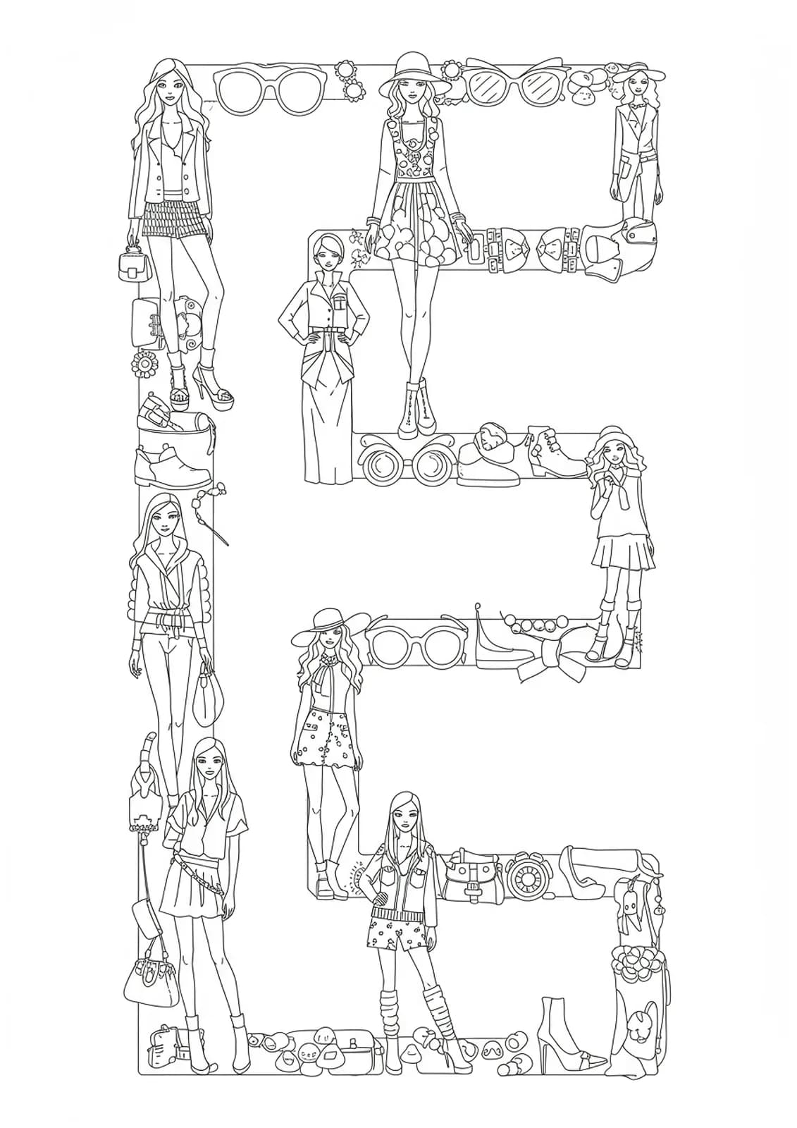 Black and white line art of the letter E made from fashion runway elements with models and accessories.