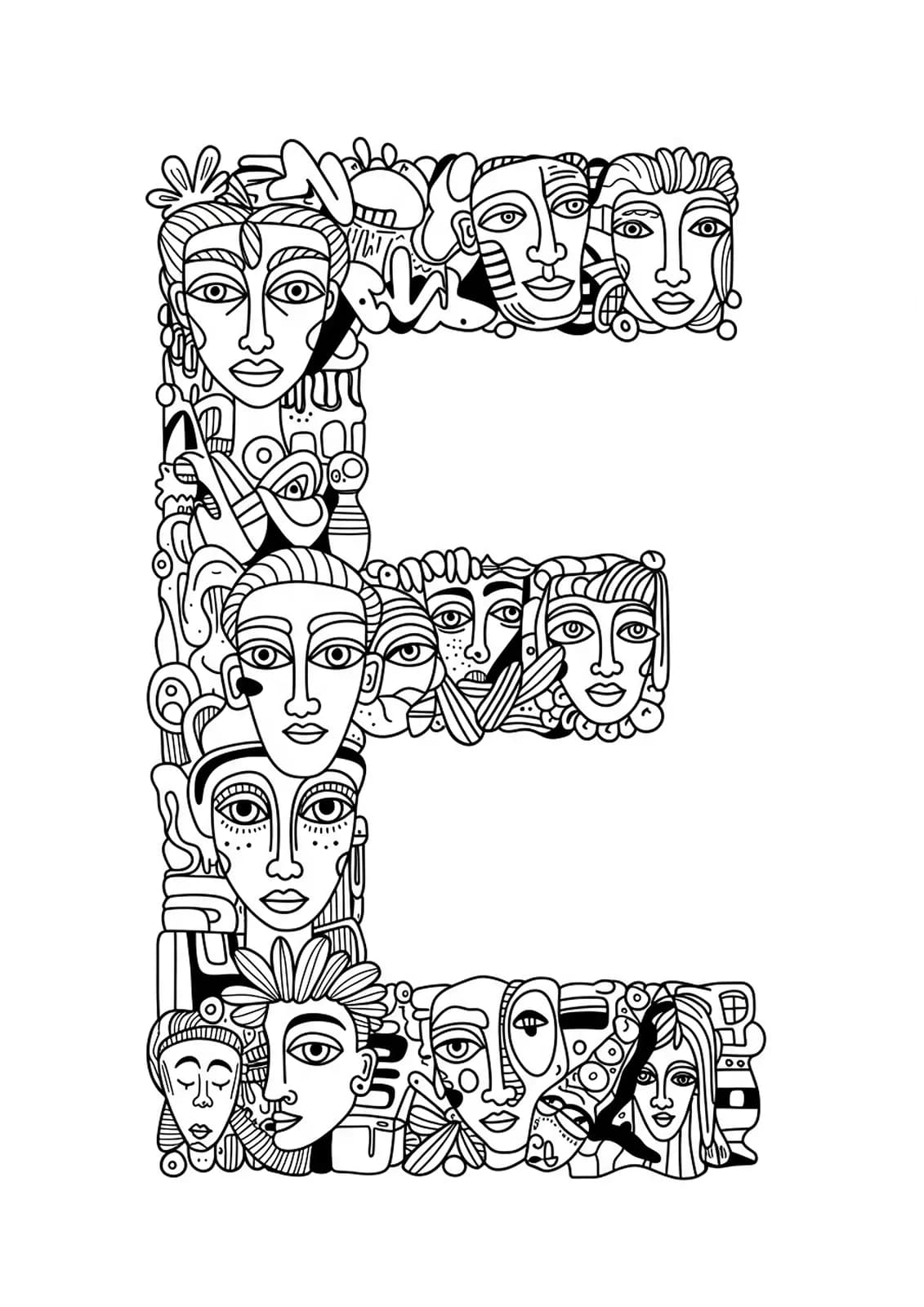 Line art coloring page of the letter E made from expressive street art and graffiti for teens.