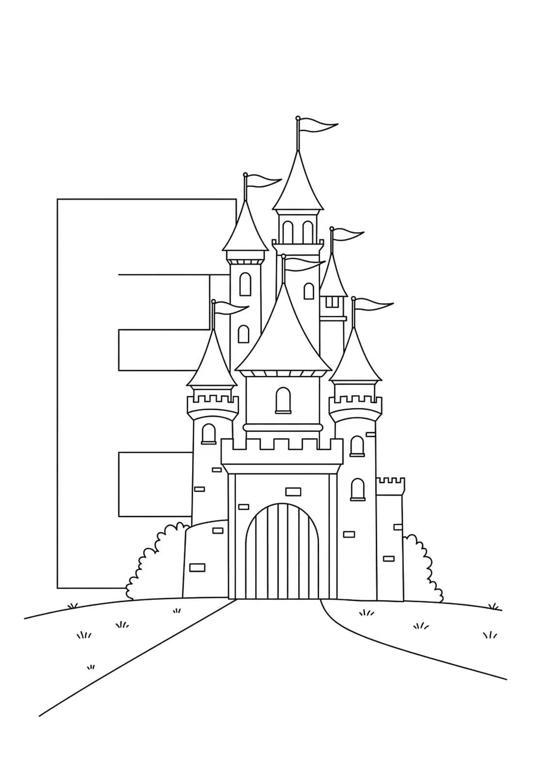 Letter E coloring page with a simple enchanted castle, easy design for preschoolers