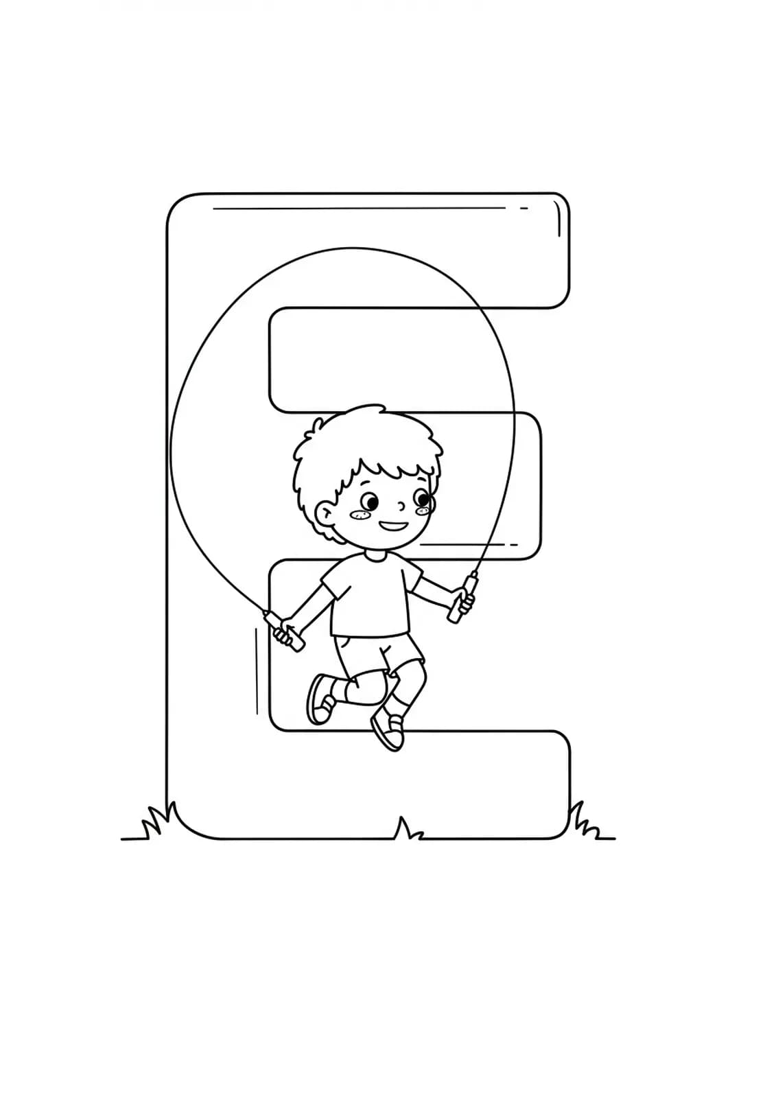 Preschool coloring page with the letter E and a child jumping rope, simple outlines for easy coloring