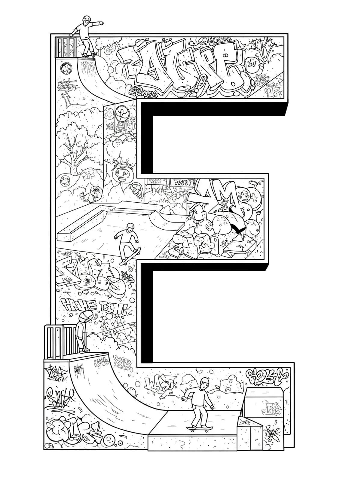 Printable letter E coloring page with skate park ramps, skaters, and graffiti for teens.