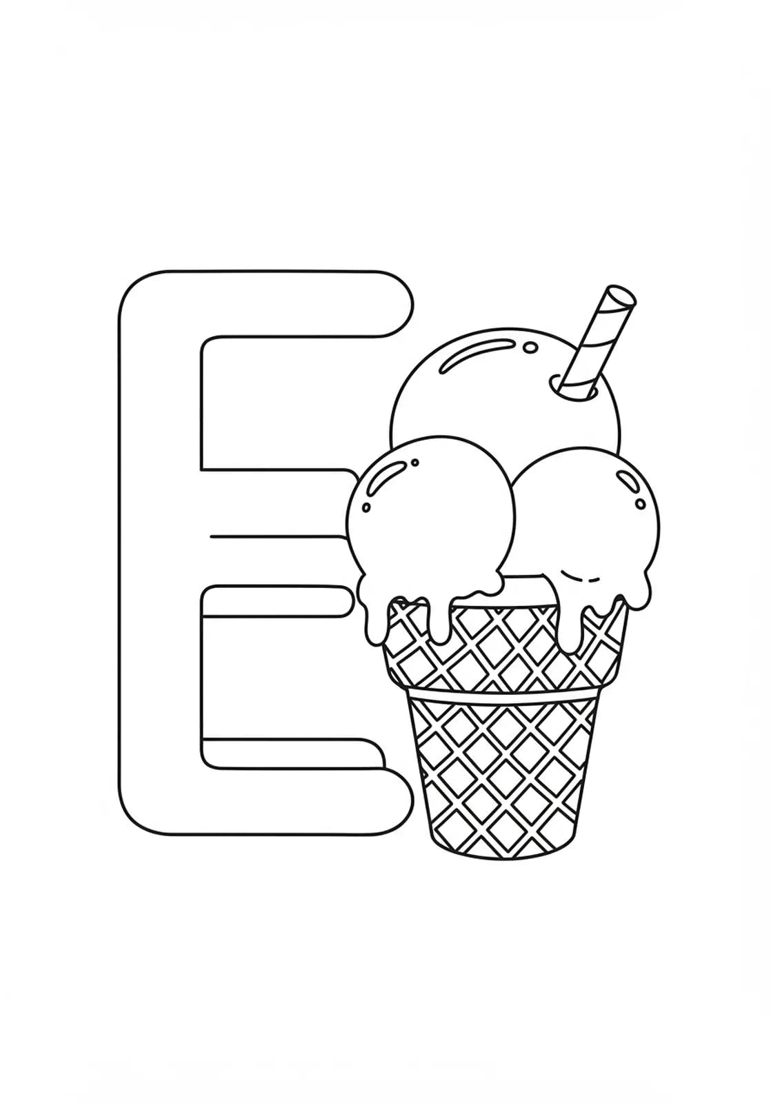 Easy coloring page with the letter E and a large ice cream cone, perfect for preschoolers