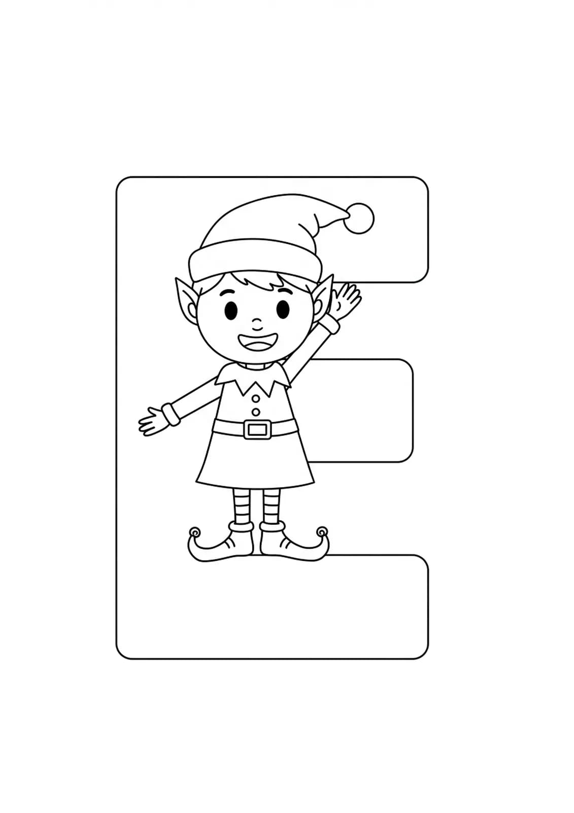 Letter E coloring page with a smiling Christmas elf, simple and easy for preschoolers