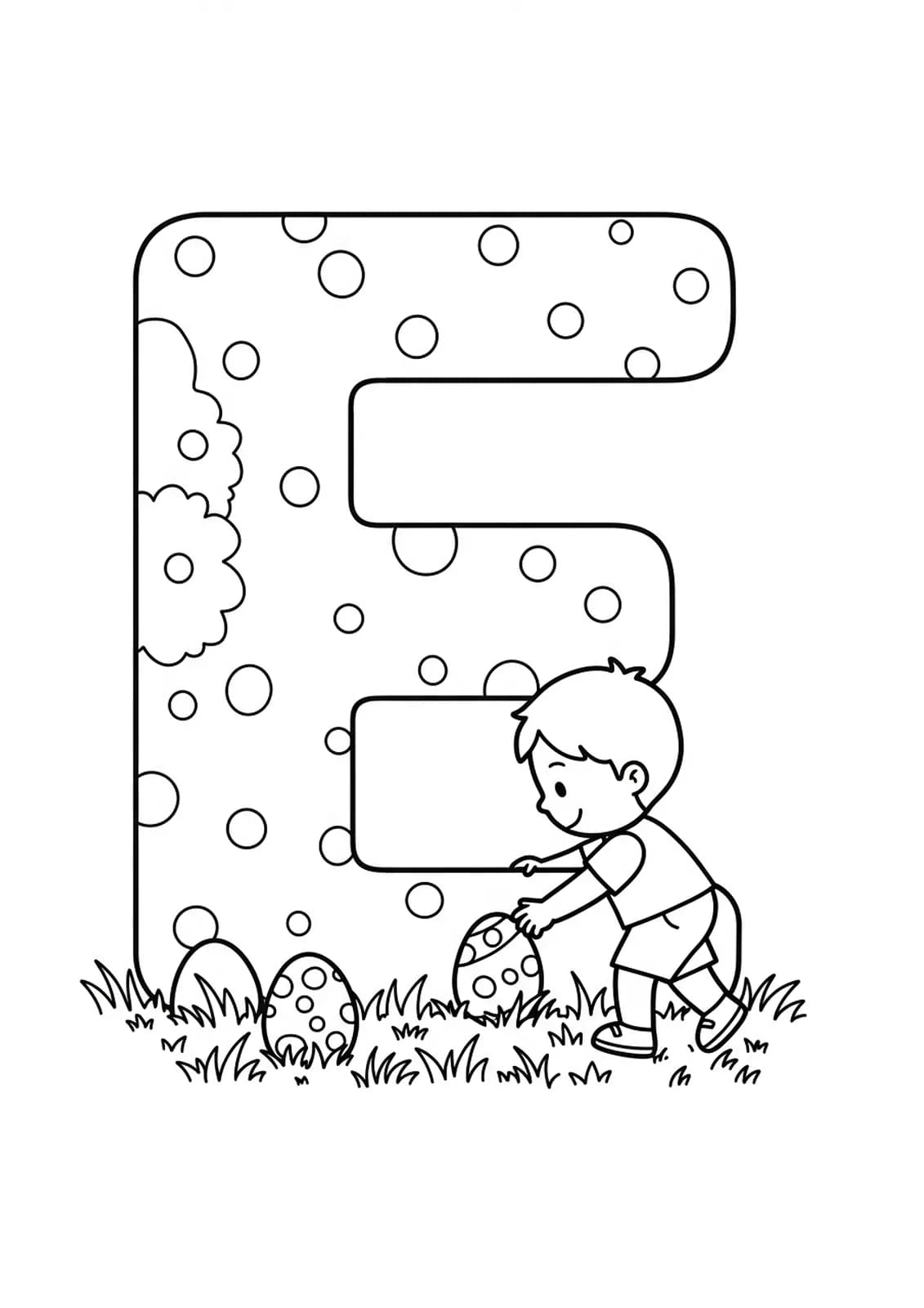 Letter E coloring page with a child finding eggs in the grass, easy design for young children