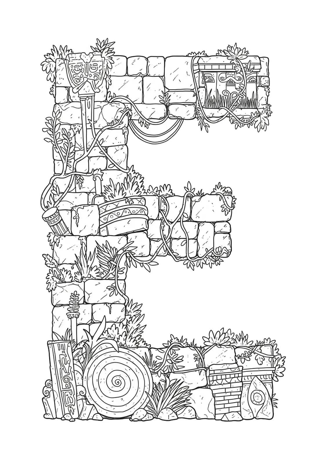 Medium detail line art coloring page of the letter E built from ancient ruins and artifacts for teens.