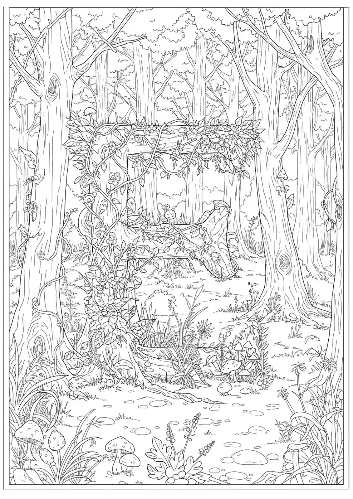 Intricate letter E surrounded by detailed enchanted forest elements like trees, vines, mushrooms, and hidden fantasy creatures.