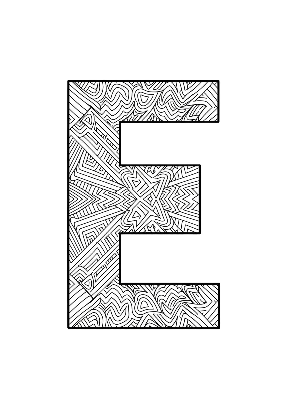 Letter E surrounded by optical illusion patterns with repeating shapes and lines in black and white line art.