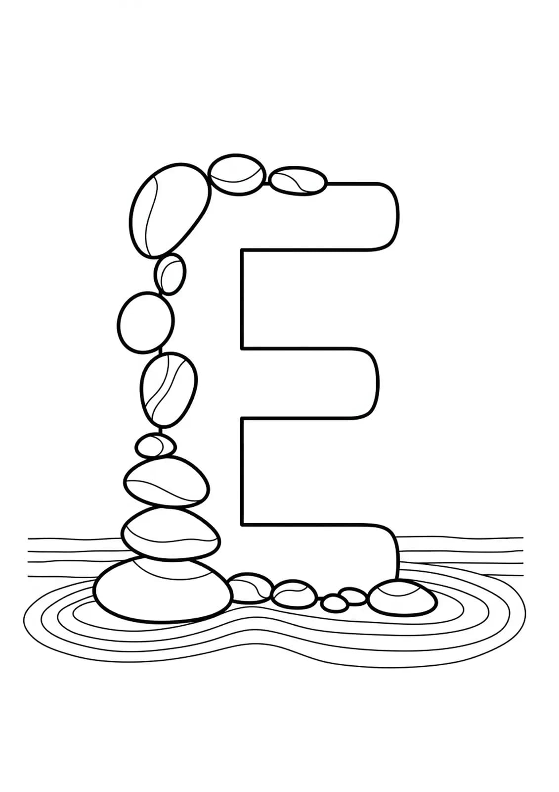 Letter E among simple Zen garden pebbles and sand lines, easy adult coloring