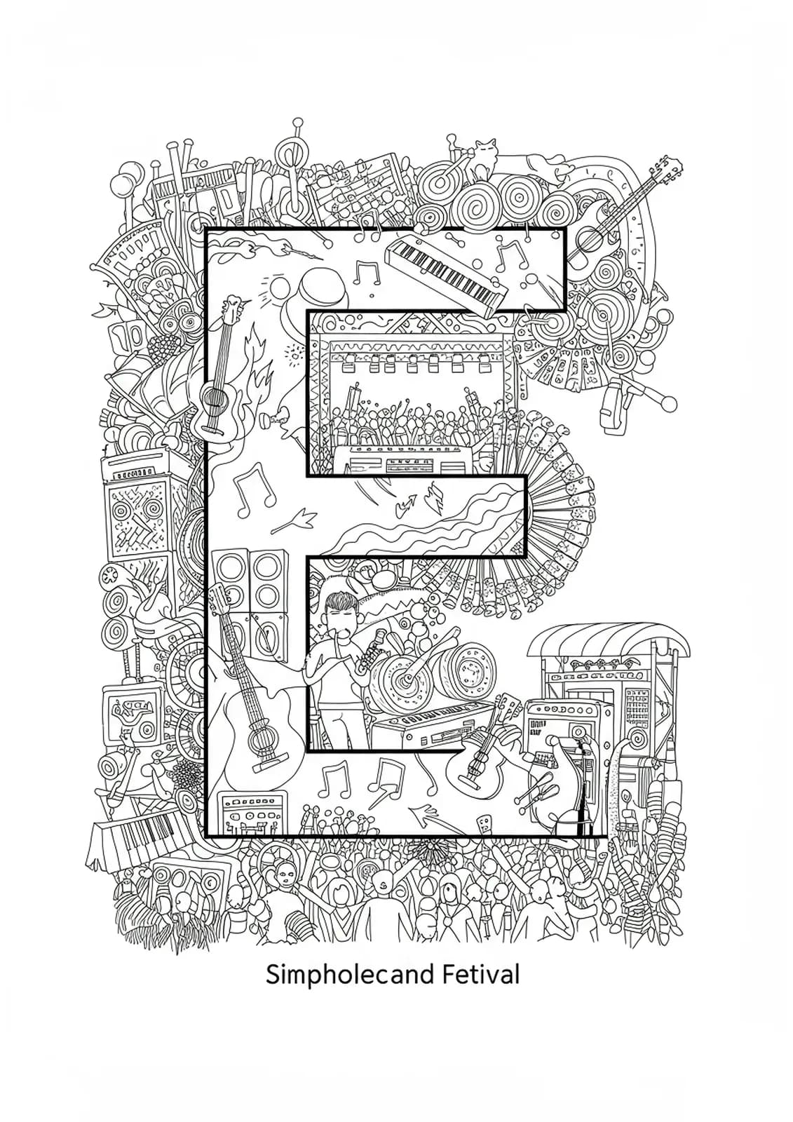 Letter E surrounded by detailed music festival scenes with instruments, sound waves, crowds, and stage elements, hard coloring page for teens.