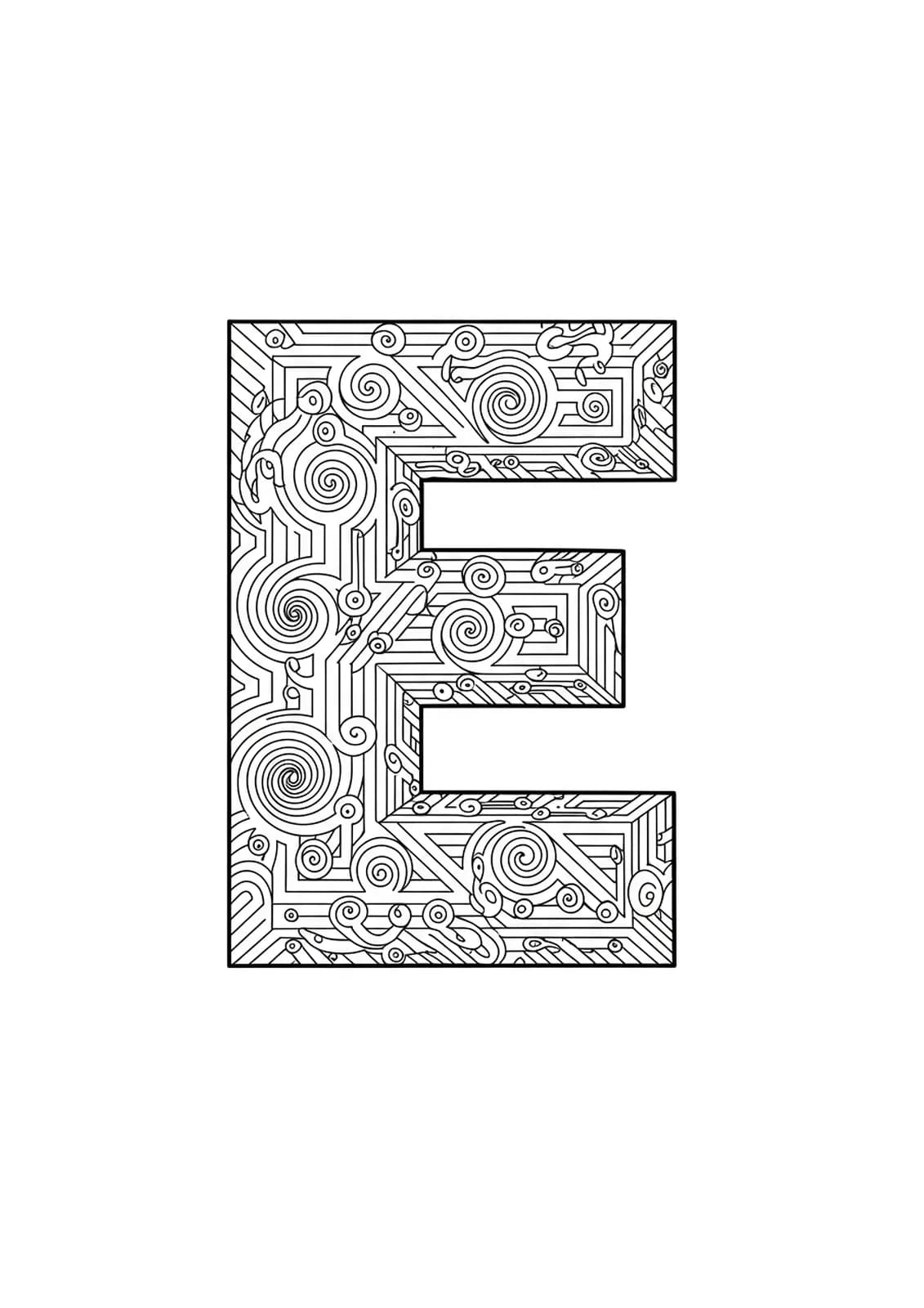 Letter E set within intricate optical illusion patterns, geometric shapes, and impossible figures, hard coloring page for teens.