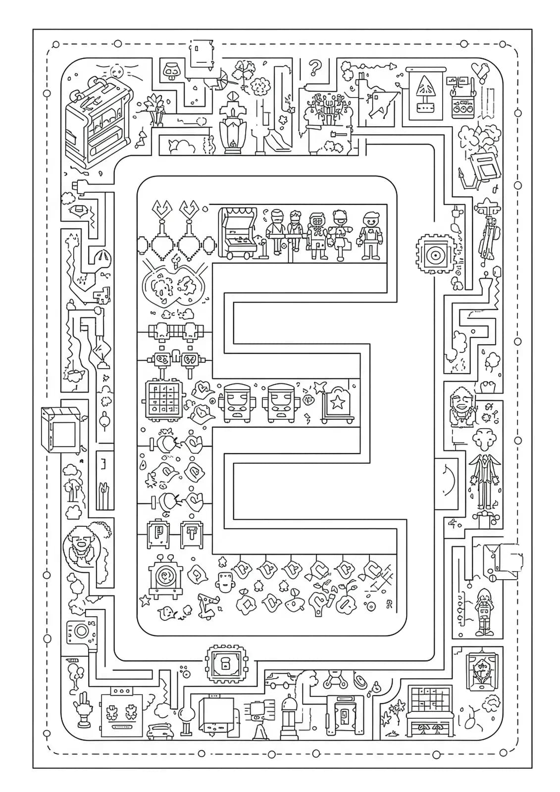 Letter E within a complex retro video game maze, surrounded by pixel art, arcade icons, and maze patterns, hard coloring page for teens.