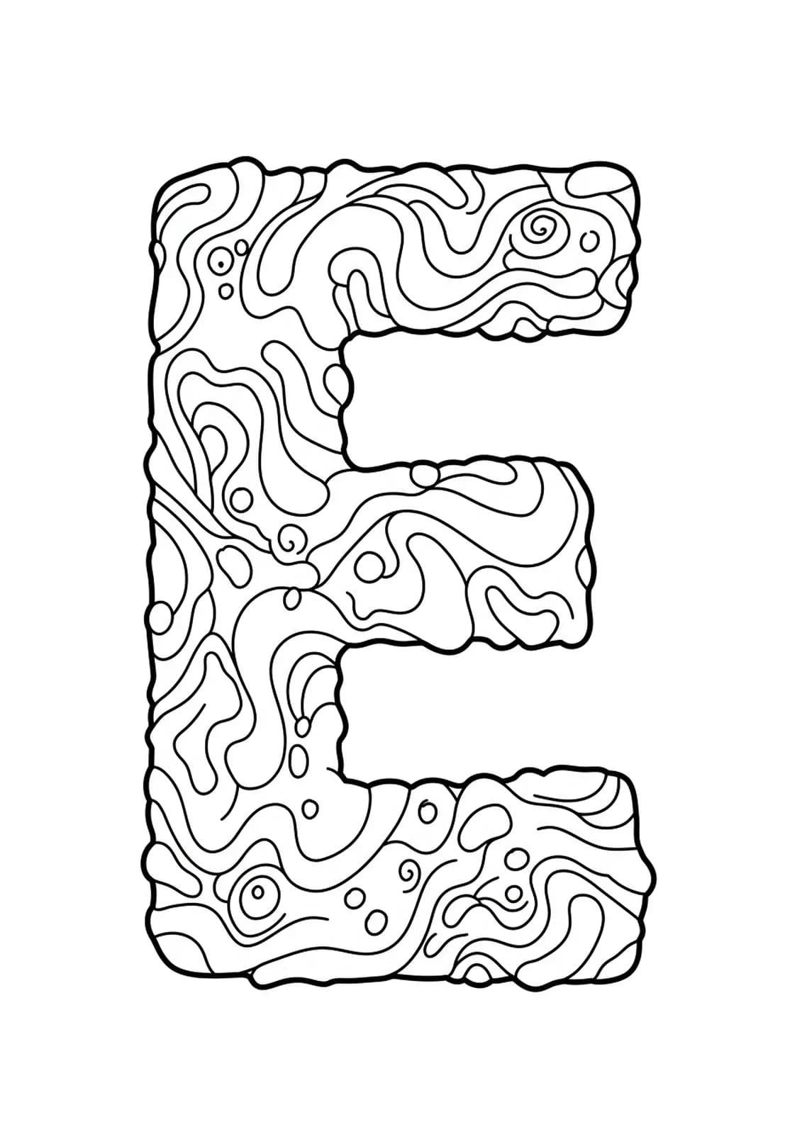 Letter E with abstract wavy line patterns, easy and relaxing for adult coloring