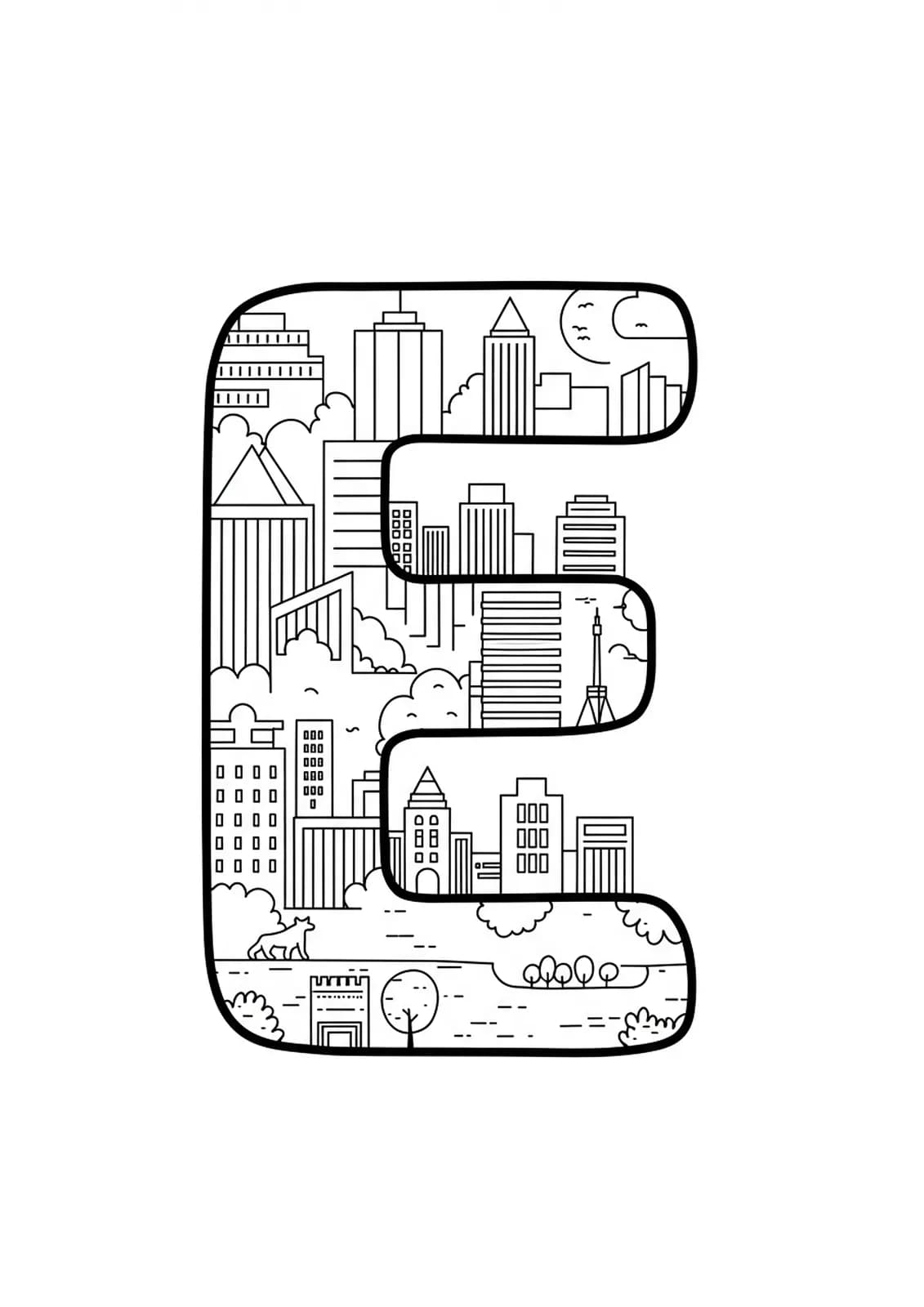 Letter E with simple cityscape building outlines, easy coloring for adults