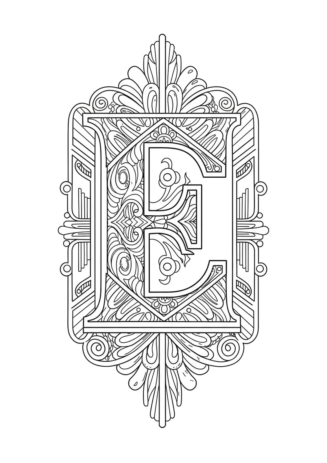 Letter E bordered by Art Deco geometric patterns and symmetrical lines in detailed black and white art.