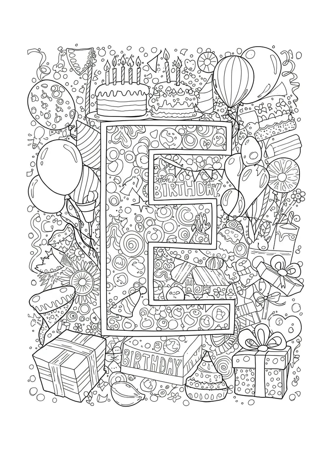 Letter E surrounded by detailed birthday party elements: balloons, cakes, presents, confetti, and hats.
