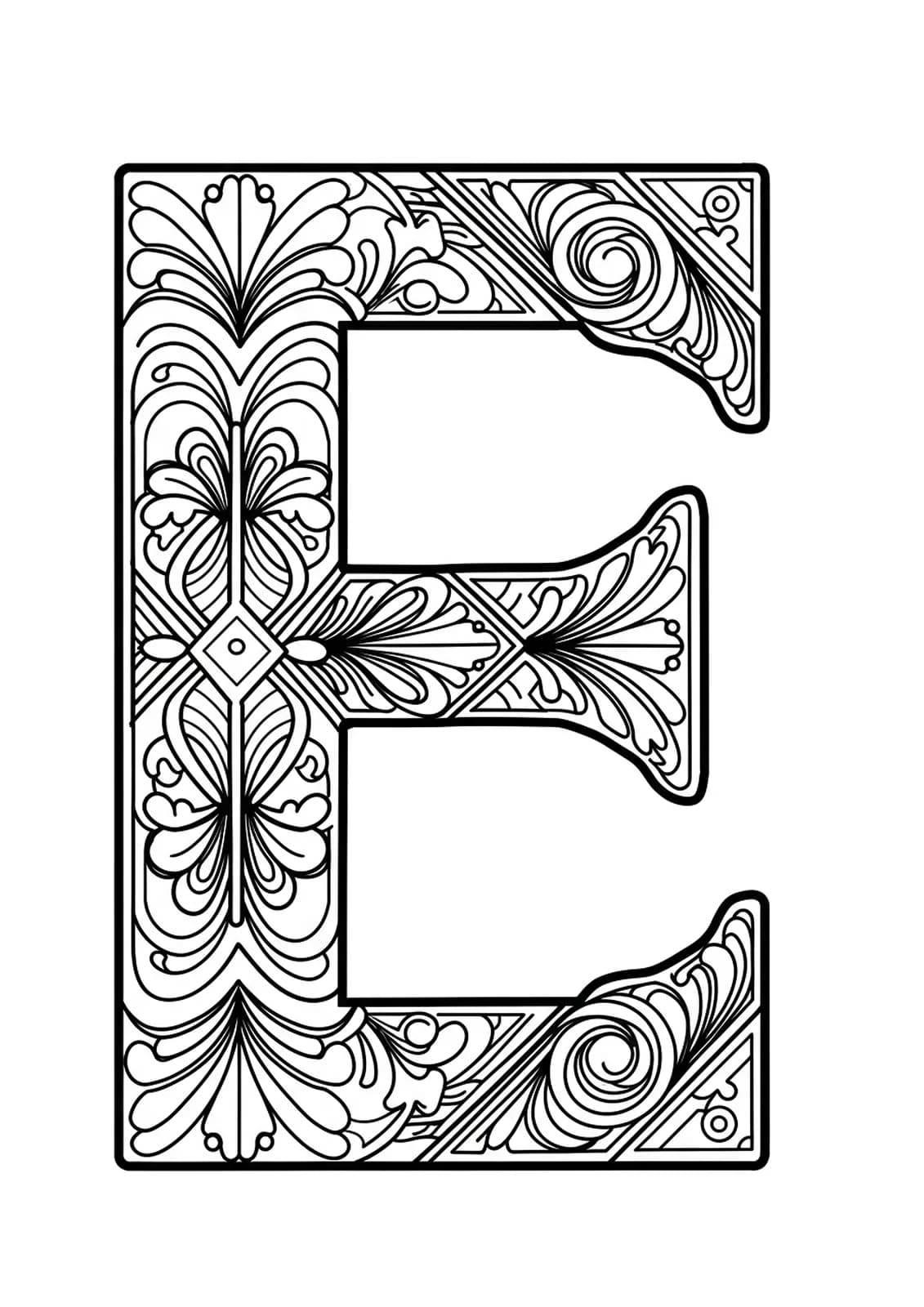 Letter E with Art Deco style borders and shapes, easy adult coloring design