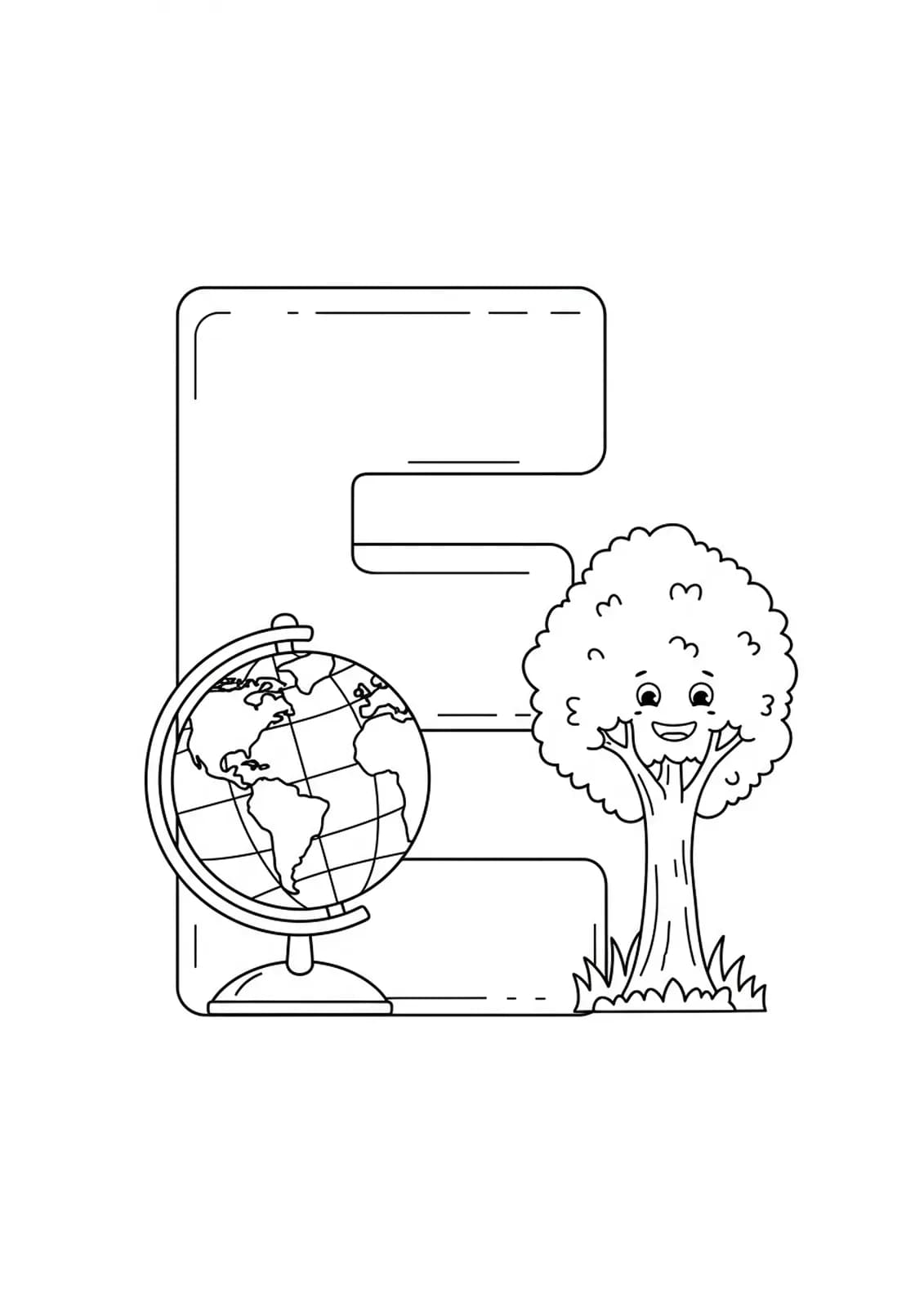 Letter E with a globe and a smiling tree, Earth Day-themed easy coloring page.