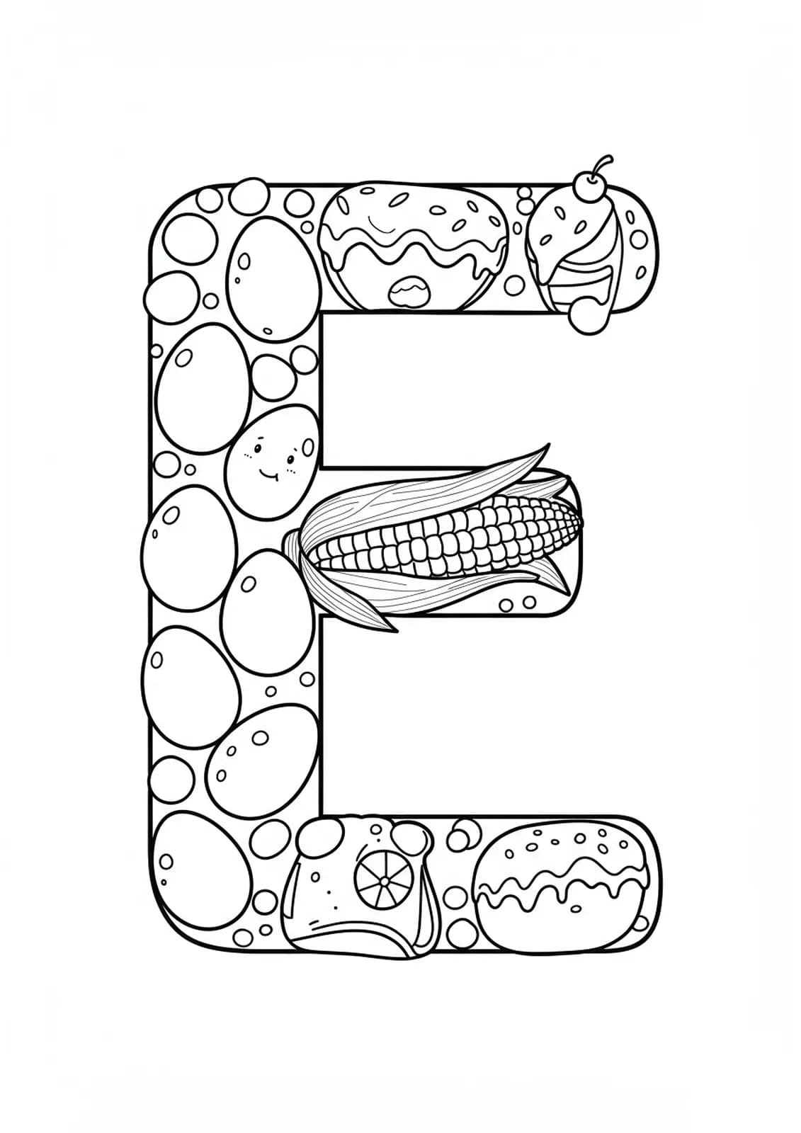 Letter E with simple drawings of eggs, corn, and an éclair, food-themed easy coloring page.