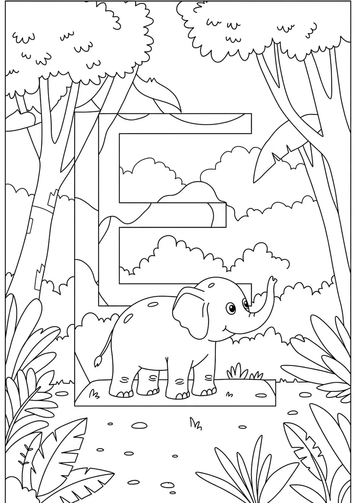 Letter E with a friendly elephant under jungle trees and leaves, designed for preschool coloring fun.
