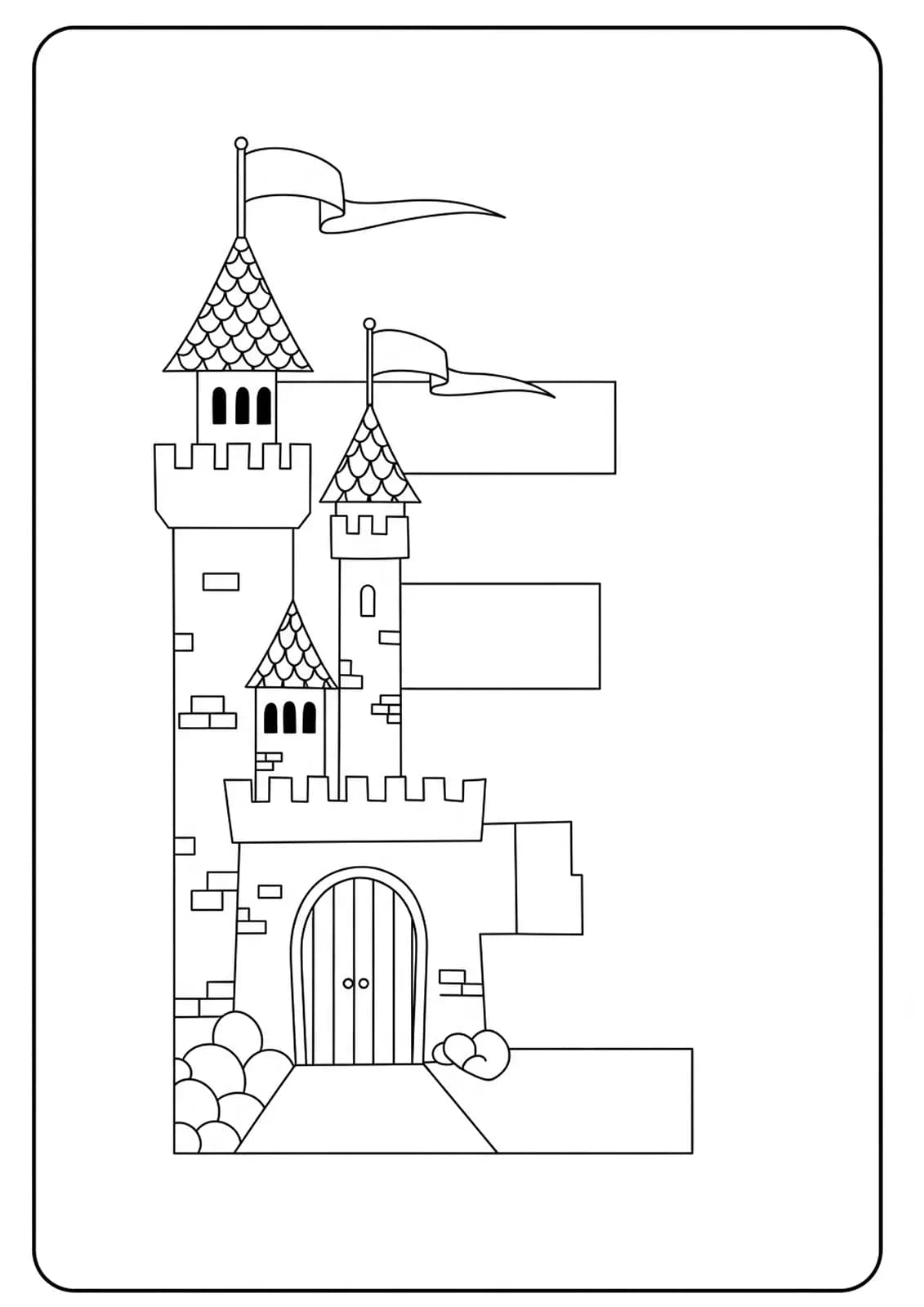 Letter E with a simple, magical castle and a flag, fantasy-themed easy coloring page.
