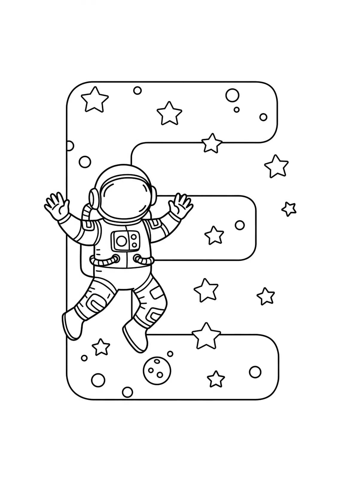 Letter E with a playful astronaut floating among stars, easy astronaut-themed coloring page.