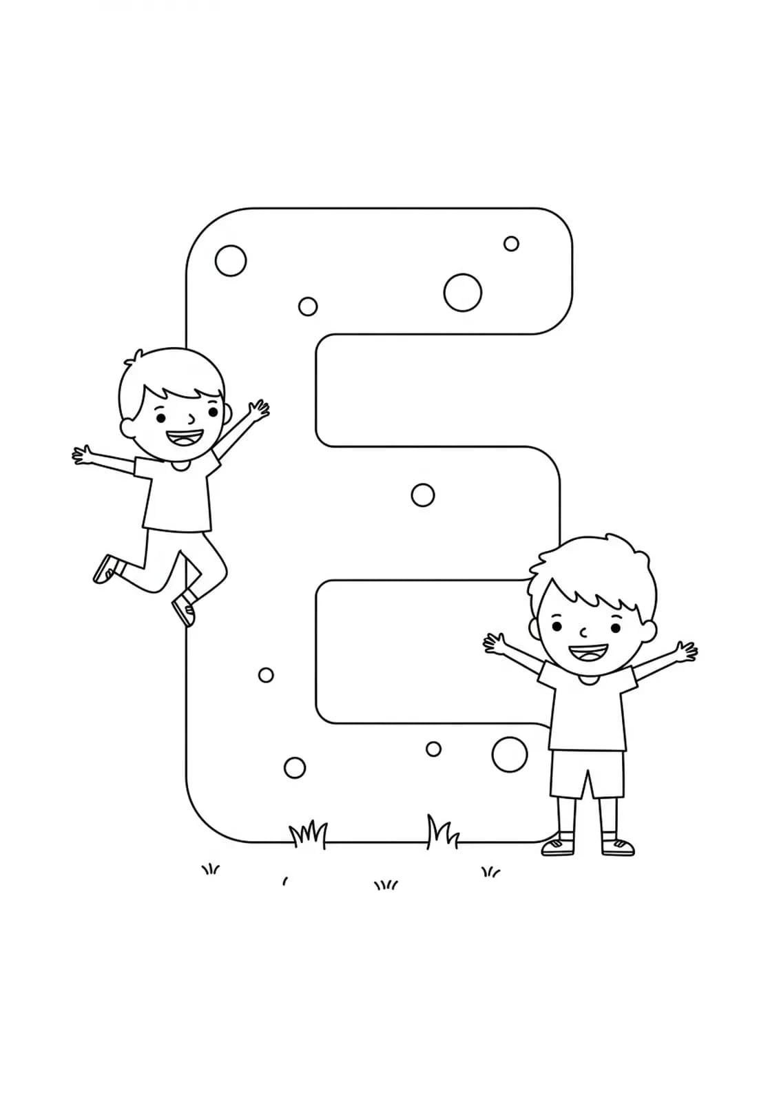 Letter E with two kids jumping and stretching, exercise-themed easy coloring page.