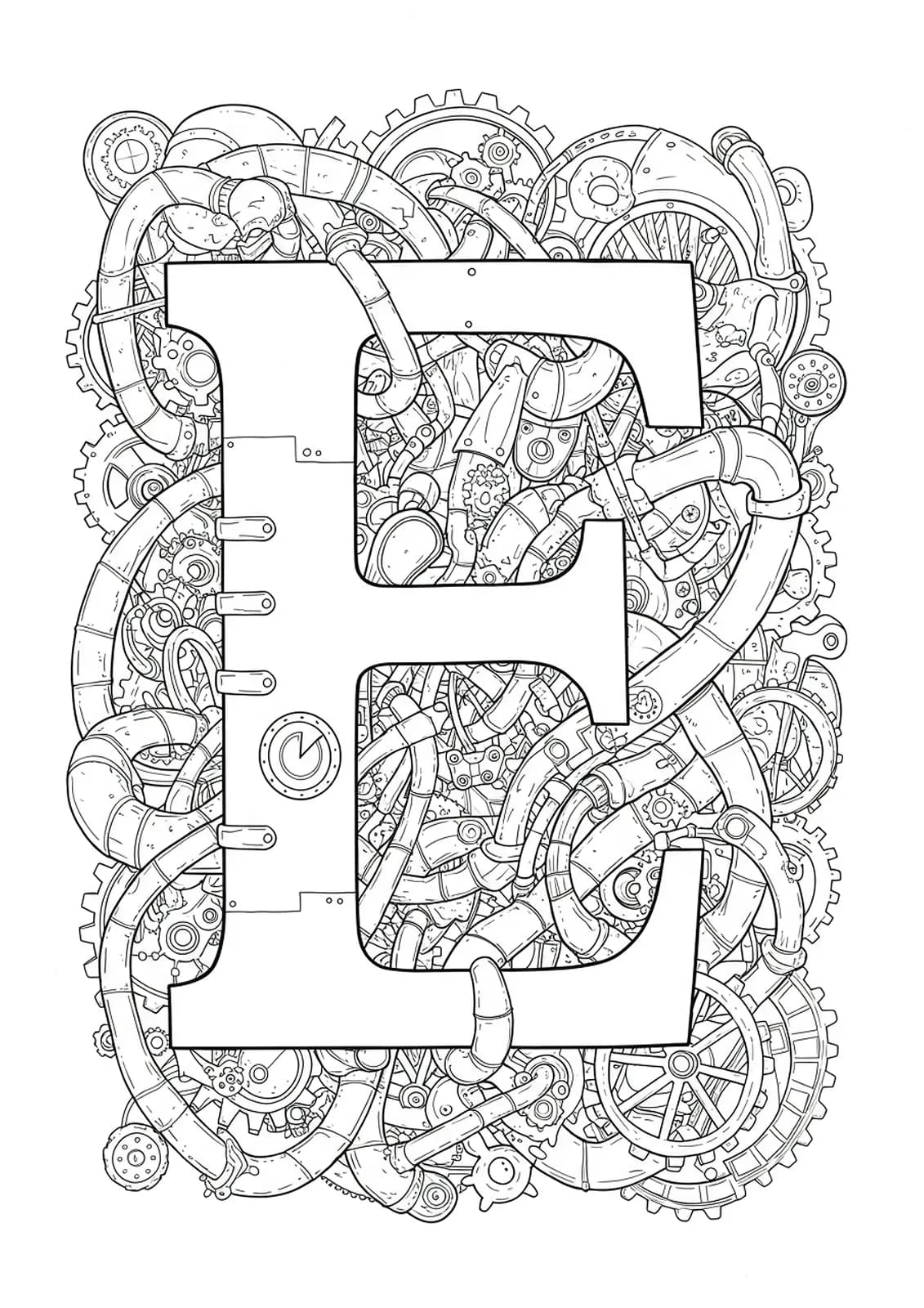 Detailed steampunk gears, cogs, and mechanical parts intricately entwined around the letter E.