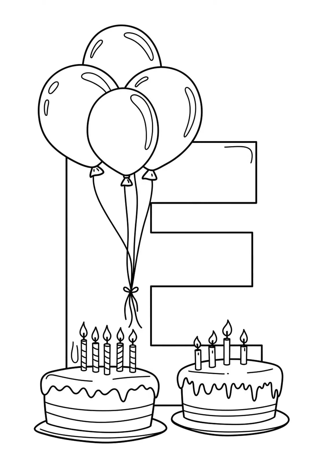 Letter E with balloons and a birthday cake, easy birthday-themed coloring page.