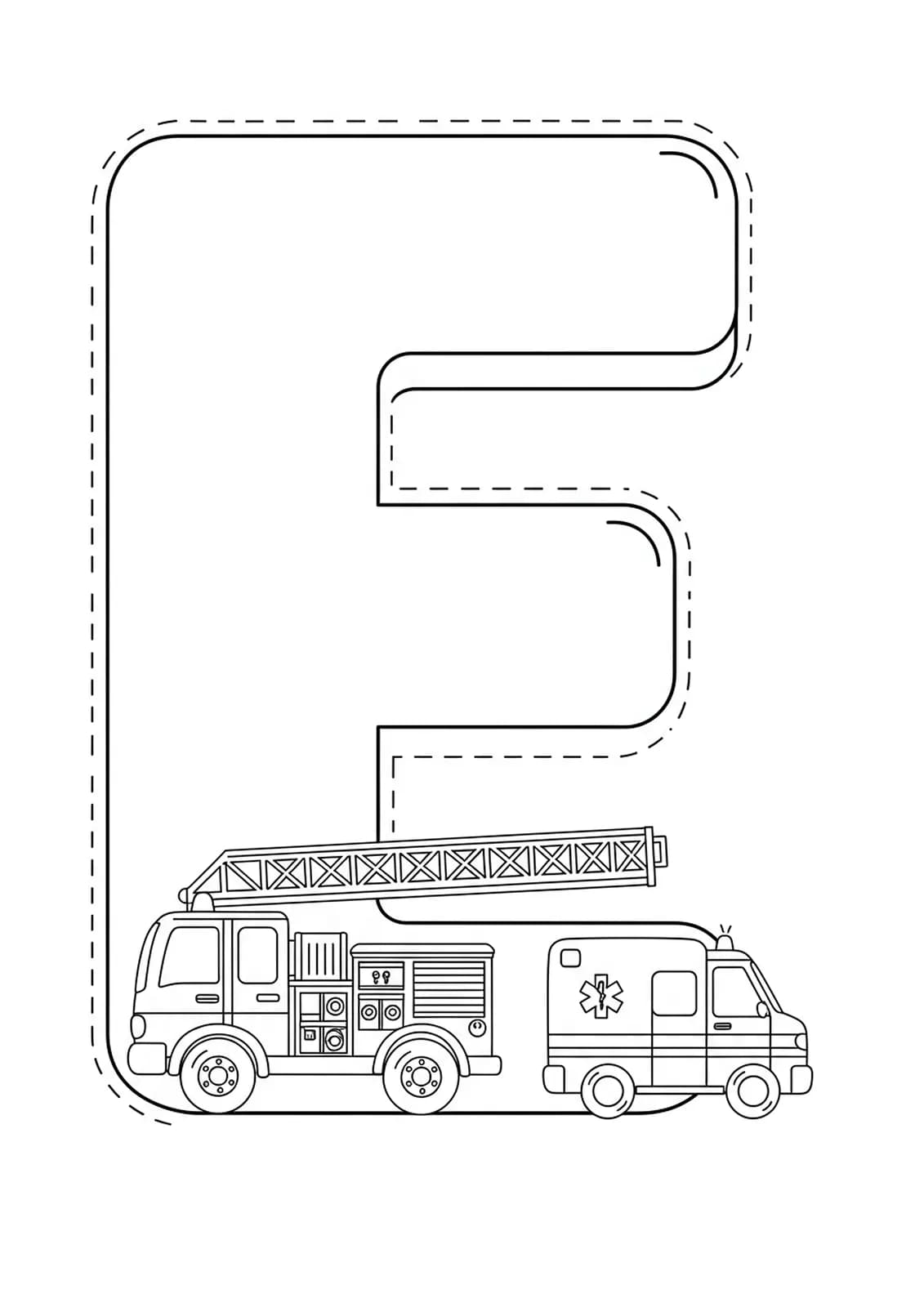 Letter E with simple drawings of a fire truck and ambulance, emergency vehicles coloring page.
