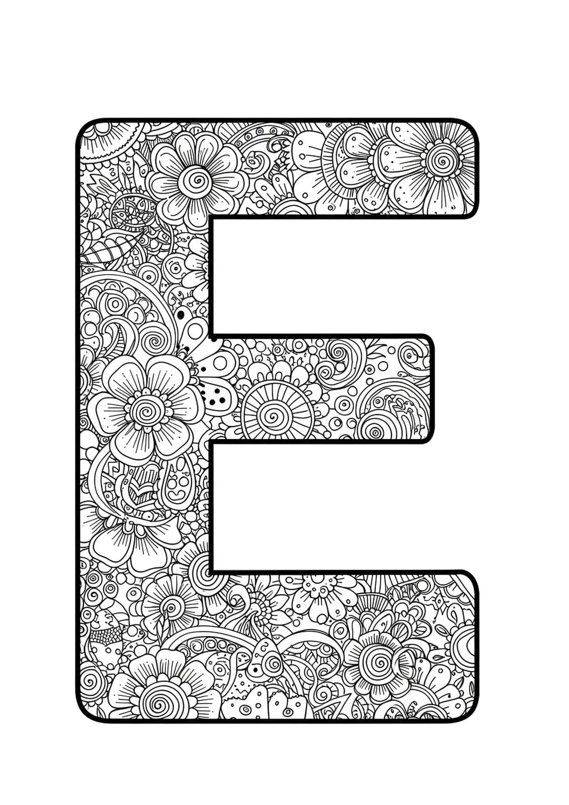 Letter E adorned with swirling henna-style paisley, flowers, and dot patterns in black and white line art.