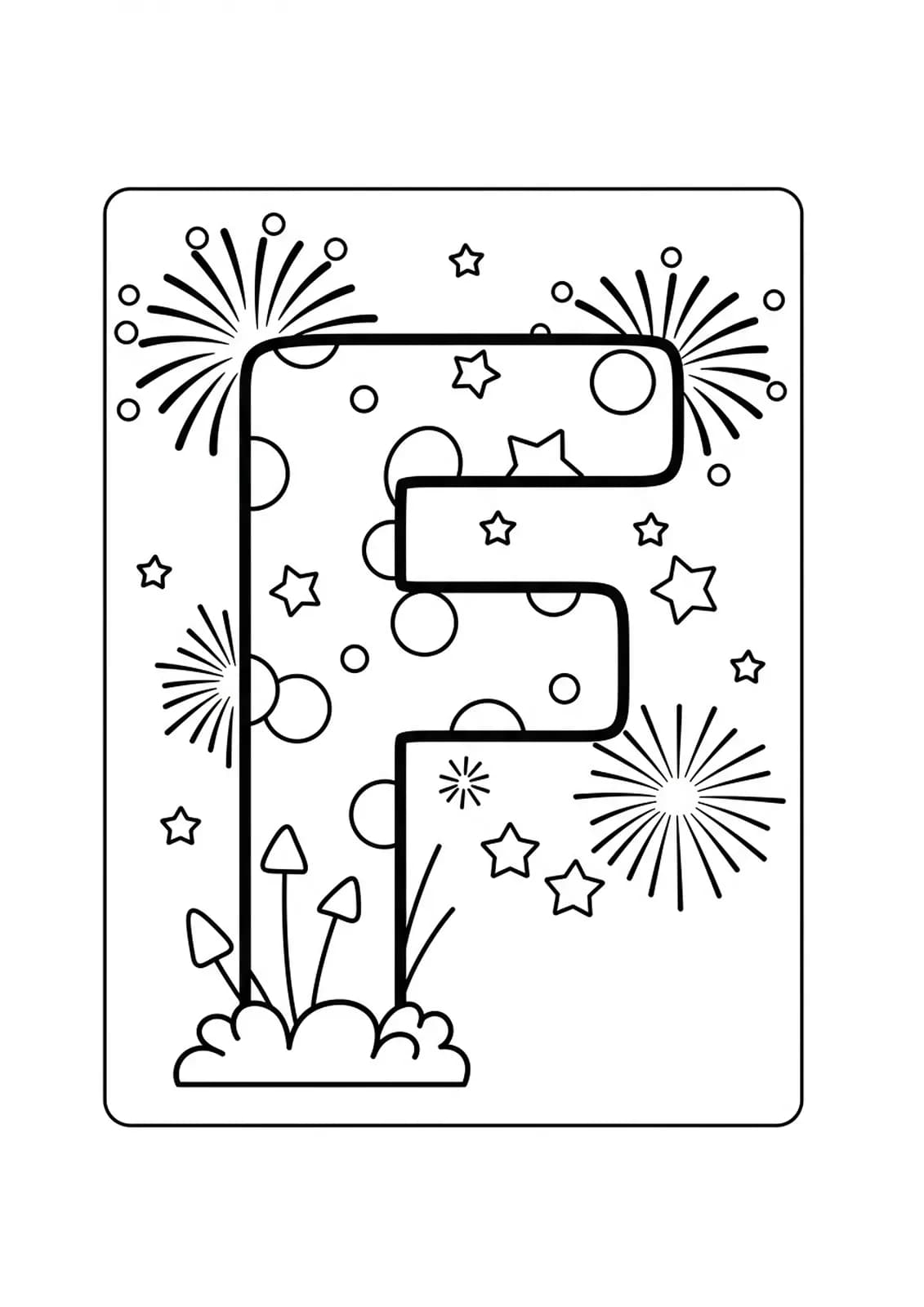 Large letter F surrounded by simple starburst fireworks for easy preschool coloring.