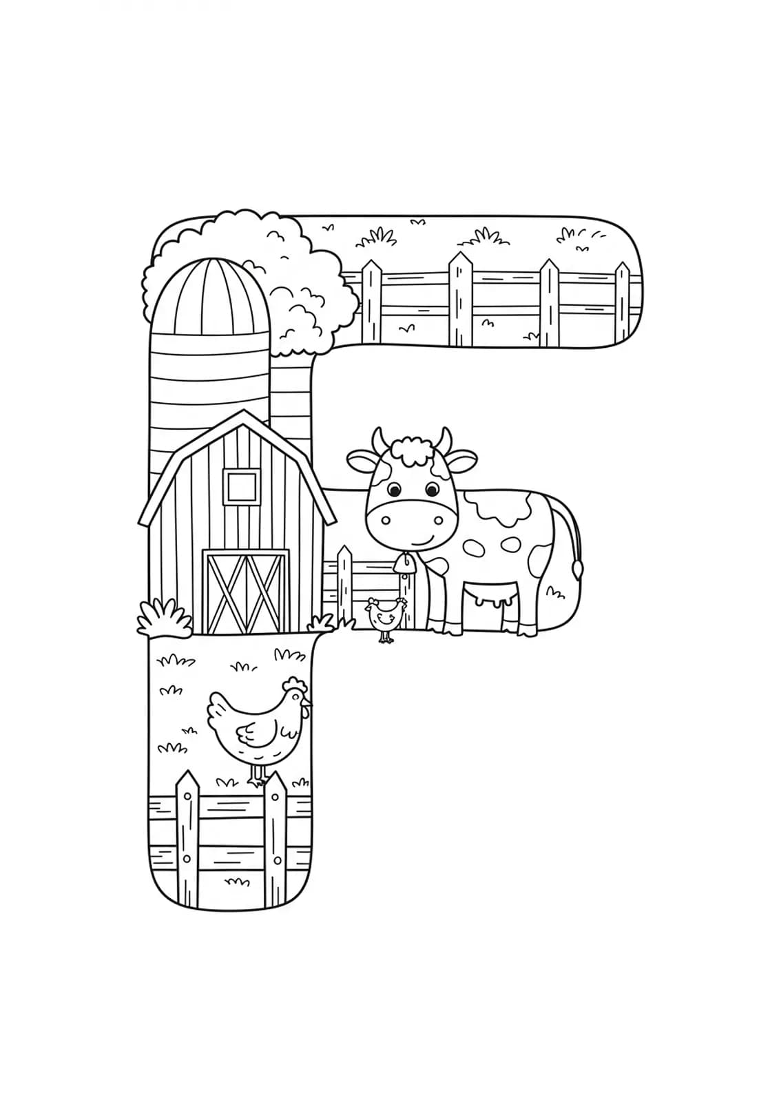 Letter F with a barn, fence, cow, and chicken outlined for coloring