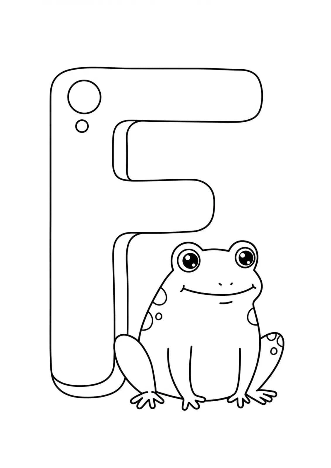 Letter F with basic frog illustrations, designed for easy coloring by preschoolers.