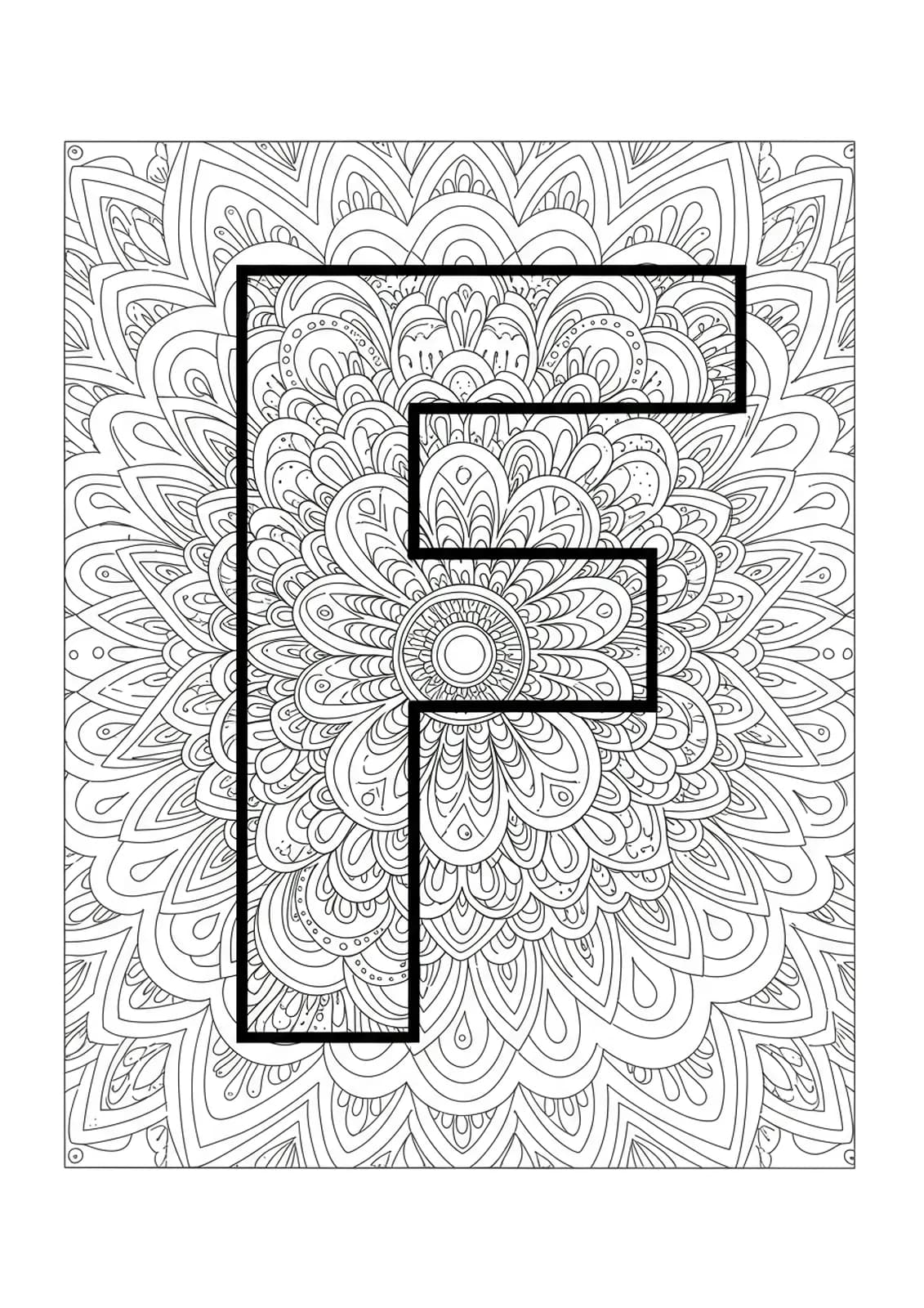 Easy mandala patterns around the letter F, designed for adult coloring.