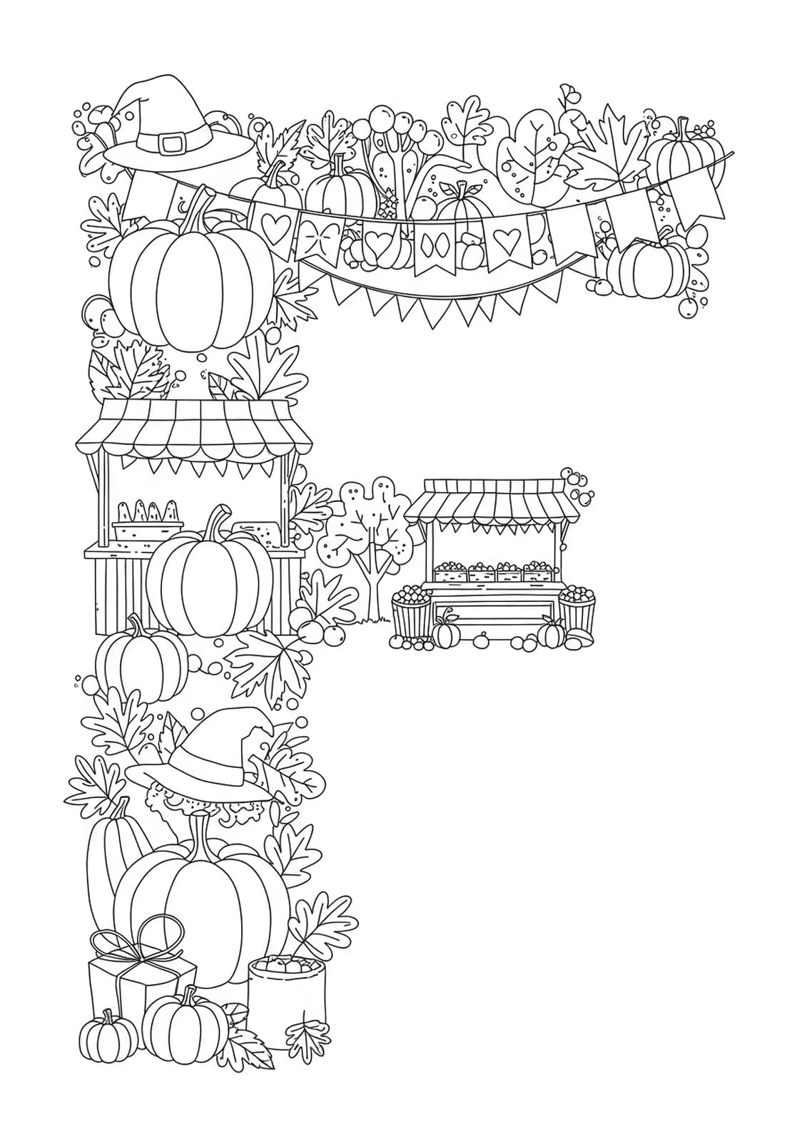 Letter F with pumpkins, leaves, and fall festival decorations for coloring