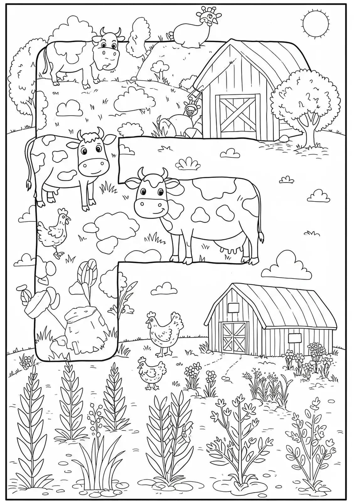 Letter F with farm animals, barn, and crops for coloring