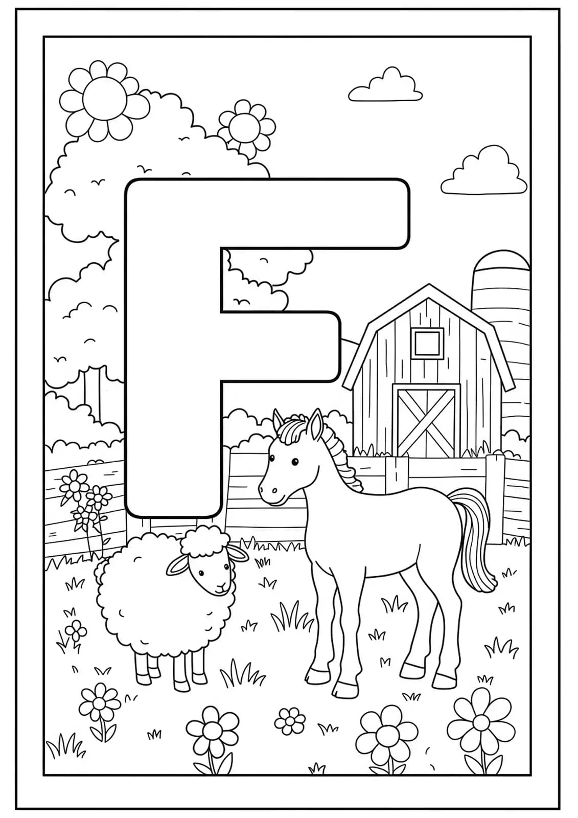 Printable letter F coloring page with sheep, foal, and flowers on a farm for preschool