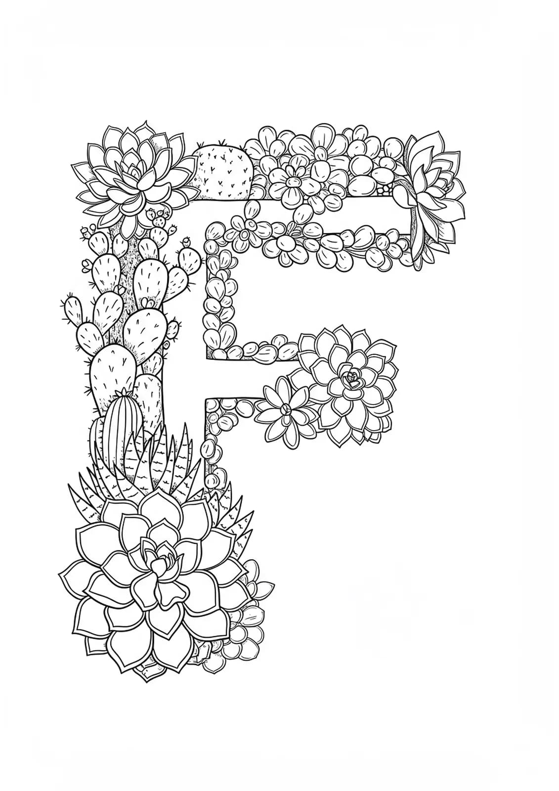 Letter F with a variety of succulents and cacti intertwined for adult coloring