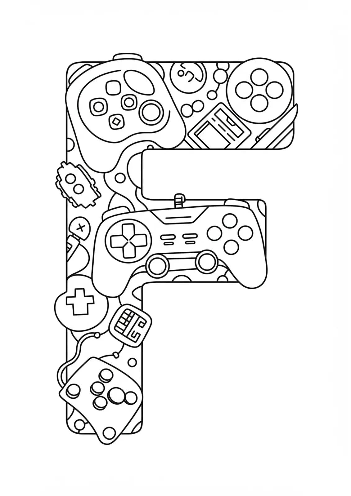 Outlined letter F with simple gaming controller shapes and pixel art motifs, easy coloring for teens.