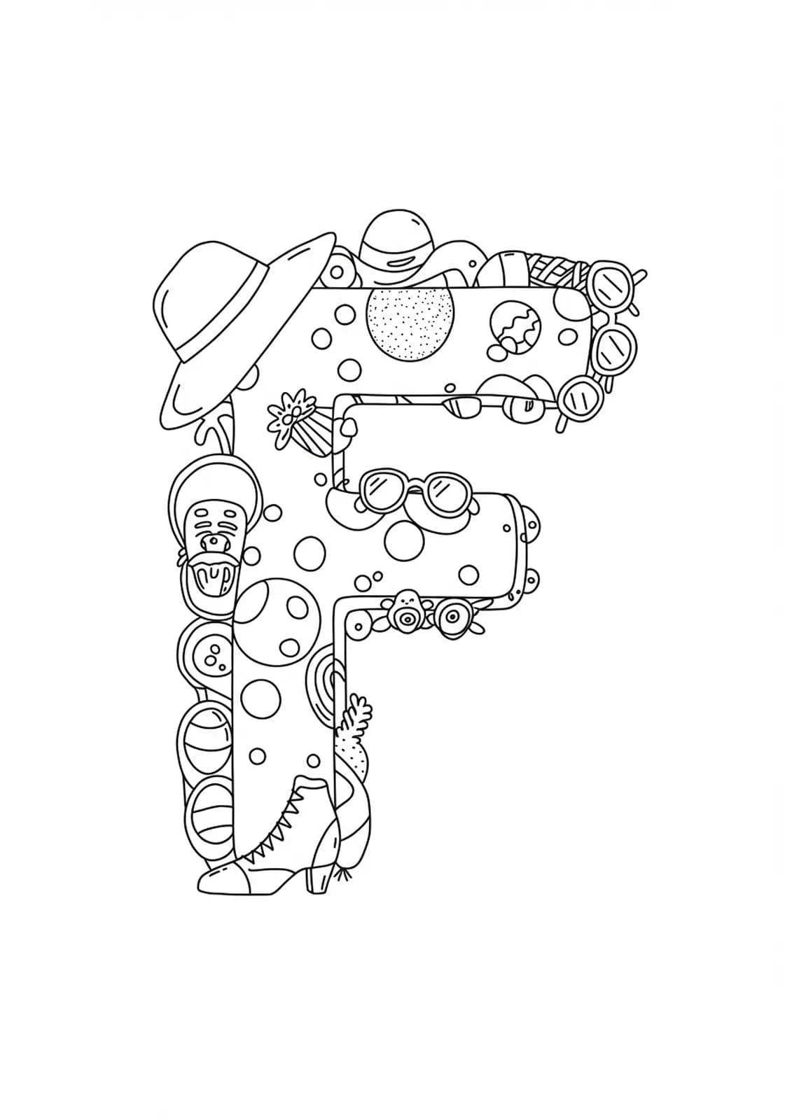 Letter F surrounded by simple outlines of hats, shoes, and sunglasses, teen-friendly coloring page.