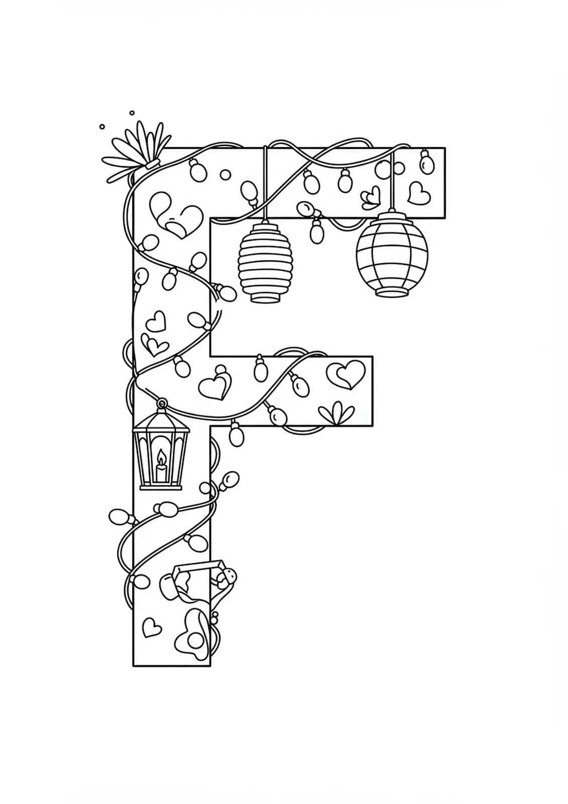 Letter F with simple festival string lights and lantern outlines, easy coloring for teens.