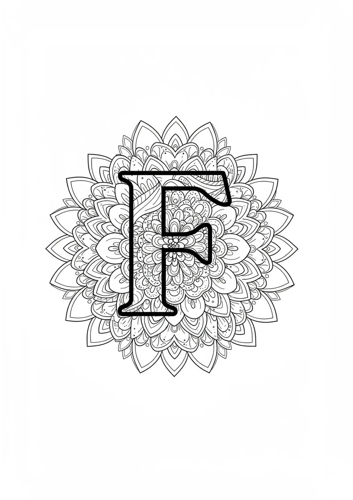 Large letter F encircled by simple mandala and floral elements, easy for teens to color.