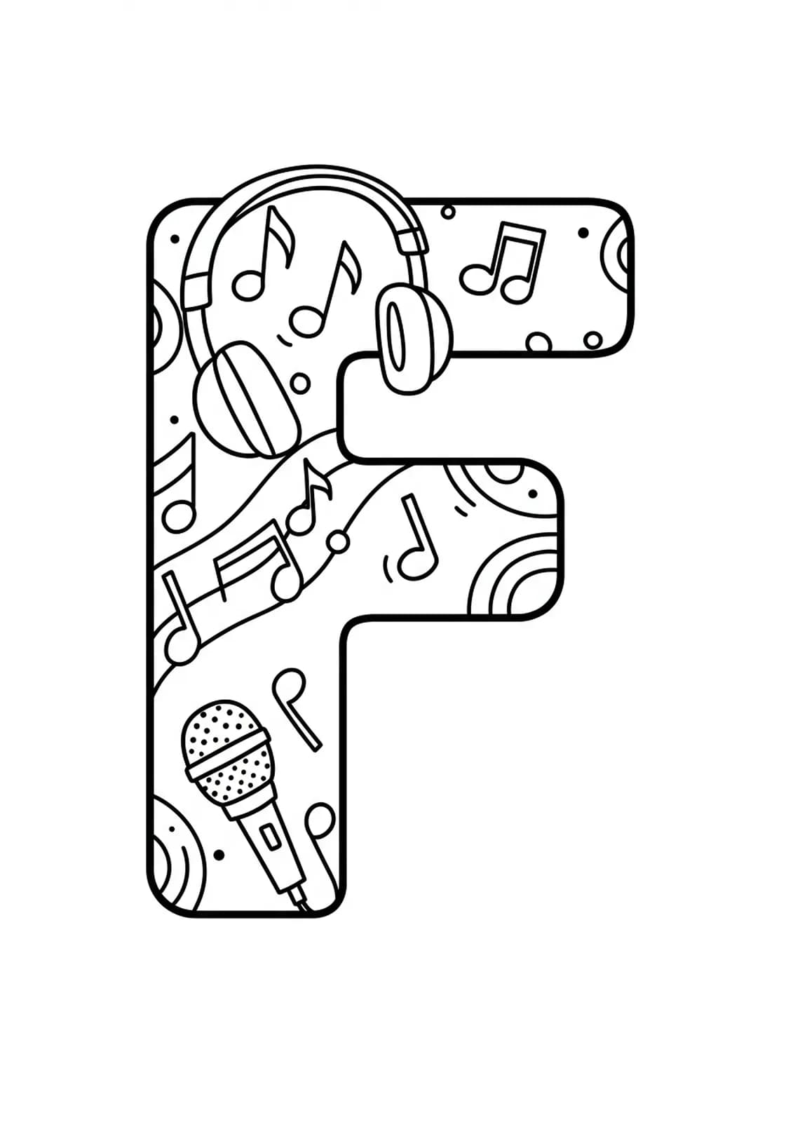 Letter F with simple music notes, headphones, and microphone designs, easy teen coloring page.