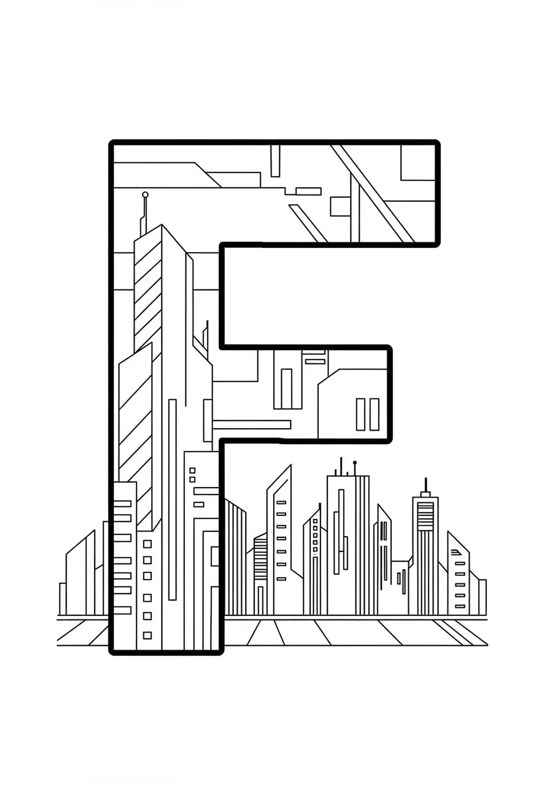 Letter F outlined in front of a simple futuristic city skyline, easy coloring page for teens.