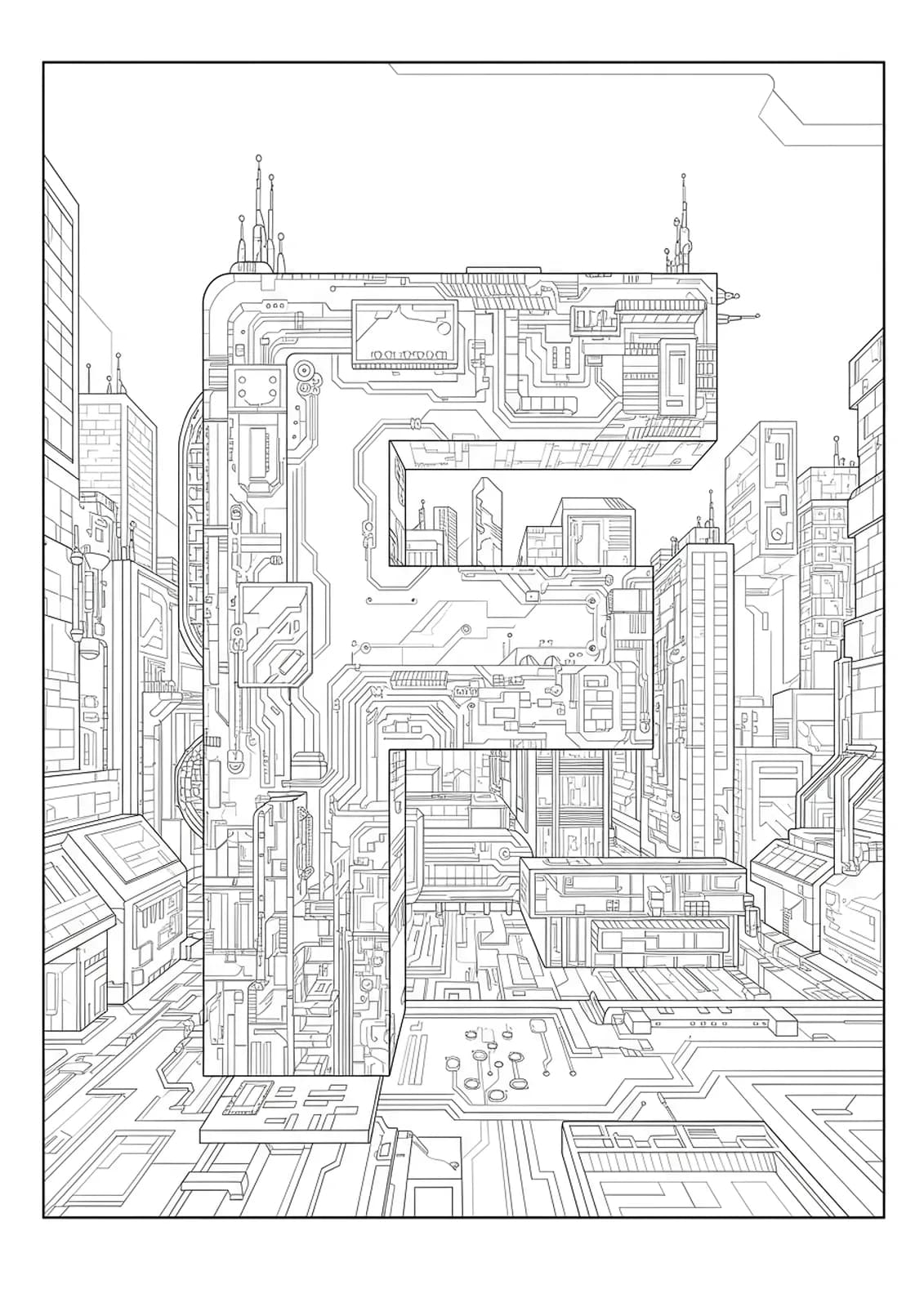 Letter F embedded in a detailed cyberpunk cityscape with skyscrapers and neon lines for teens