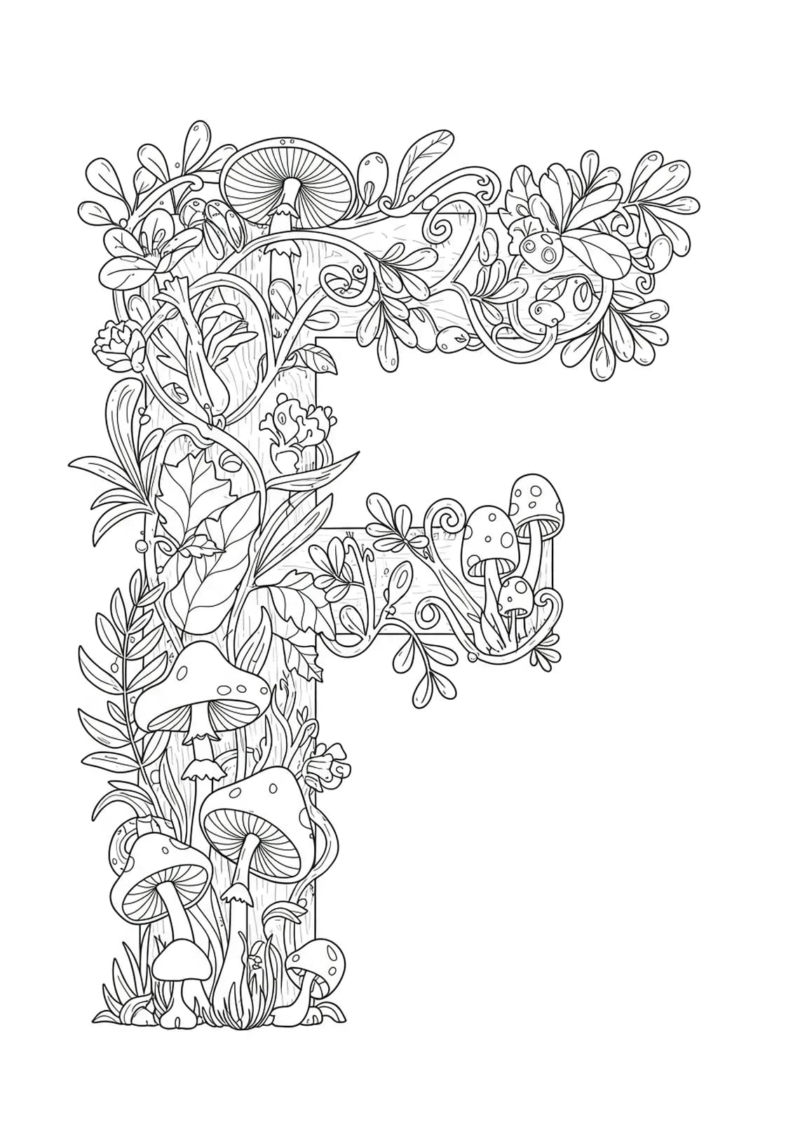Letter F surrounded by enchanted forest motifs like mushrooms and vines for adult coloring