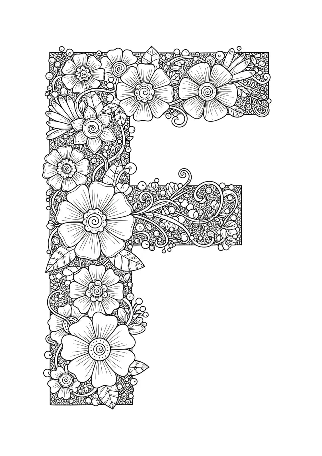 Detailed letter F with various flowers, petals, and vines for preschoolers