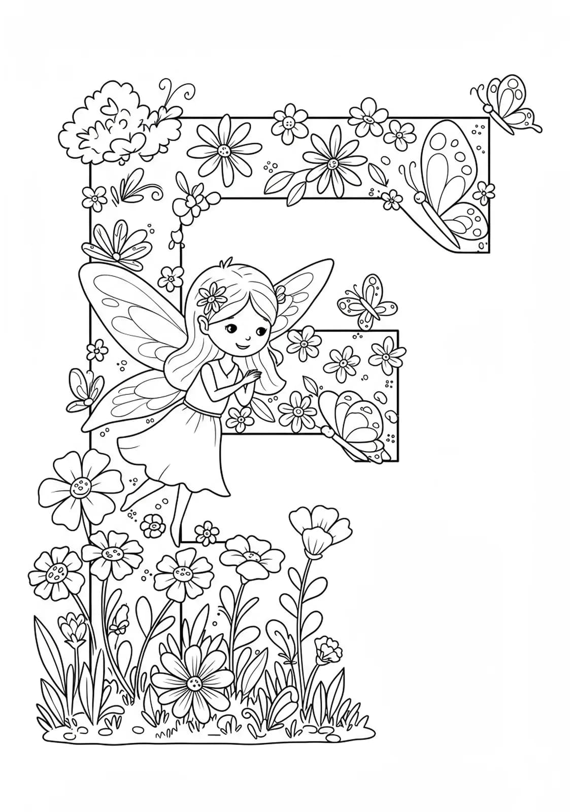Letter F coloring page with a fairy, flowers, and butterflies in a magical garden for preschool