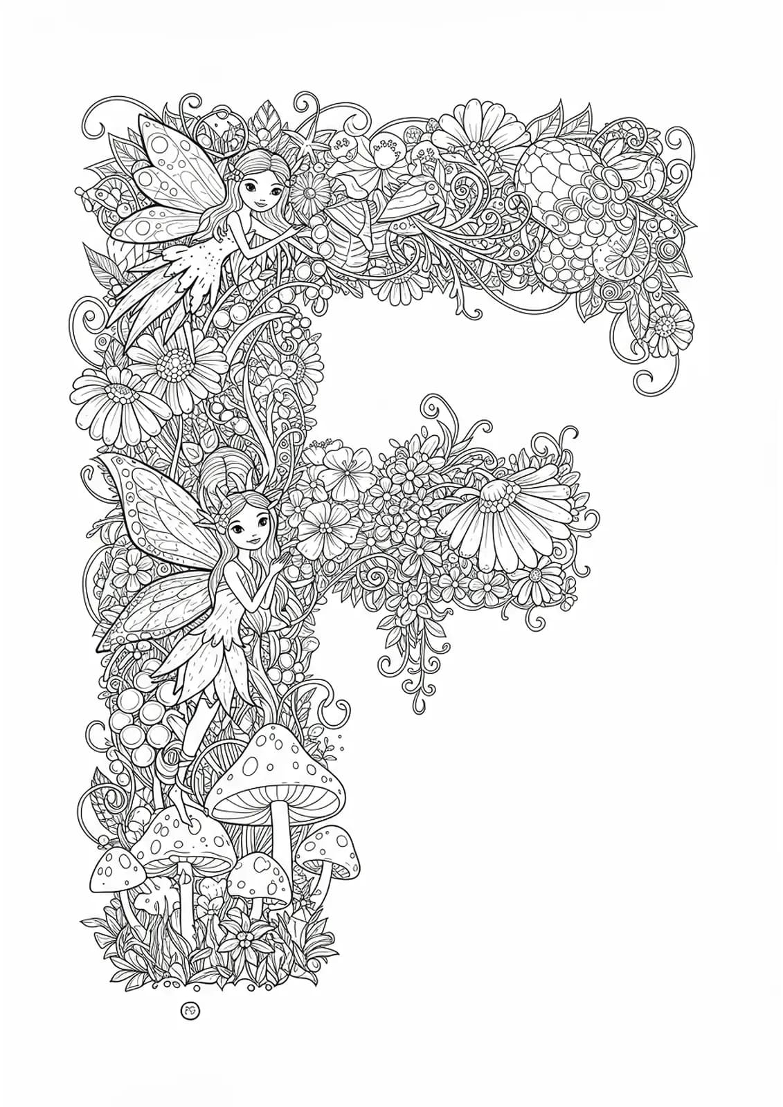 Detailed fairy garden with letter F, surrounded by fairies, flowers, and mushrooms, hard coloring page for kids